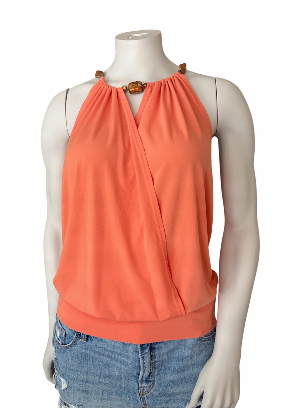 Women/ Teen Orange Halter Top with Beaded Neckline and Wrap Front